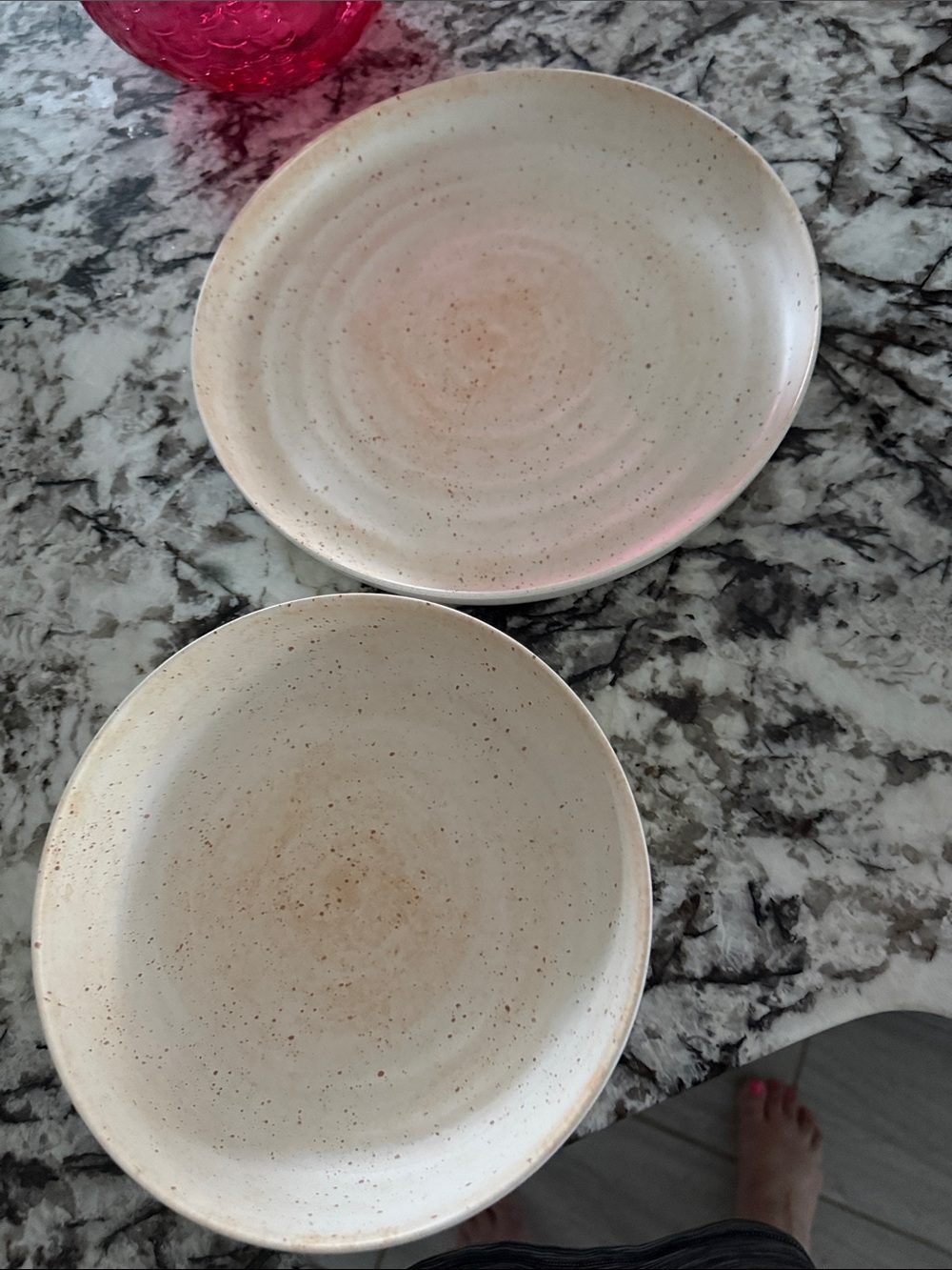 Speckled Melamine Dinner Plates - Neutral Cream and flat bowls